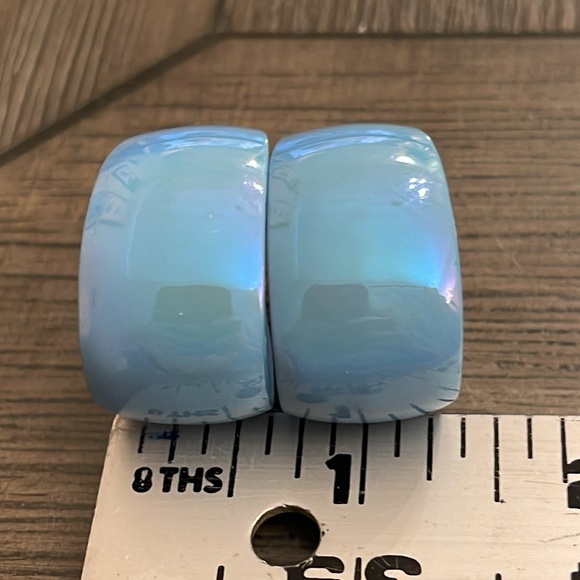 Vintage Pale Blue Iridescent Clip Hoop Earrings - Picture 9 of 14